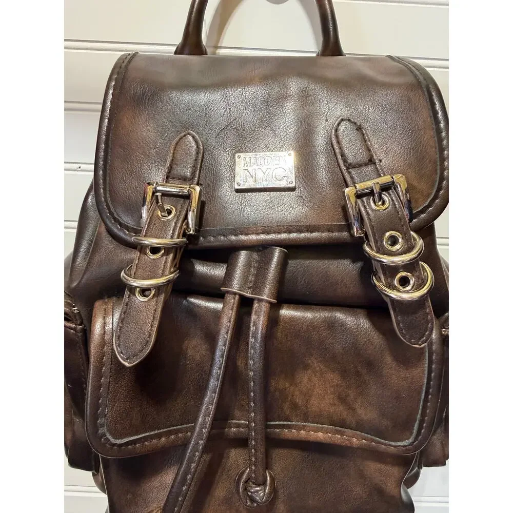 Madden NYC Brown Faux Leather Flap Backpack